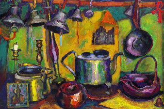 Старинные русские медные предметы. 2013. Холст, масло. 90х110